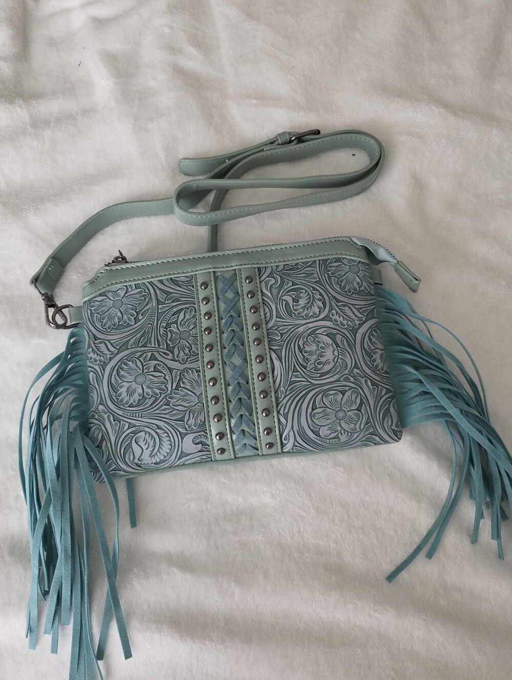 Western Fringe Embossed Faux Leather Crossbody Rodeo Cowgirl Festival Boho NWOT